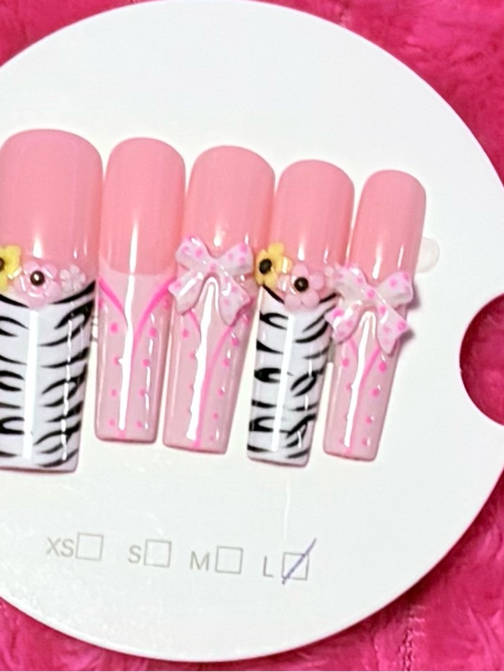Pink Zebra Bow Press-On Nails for Kids